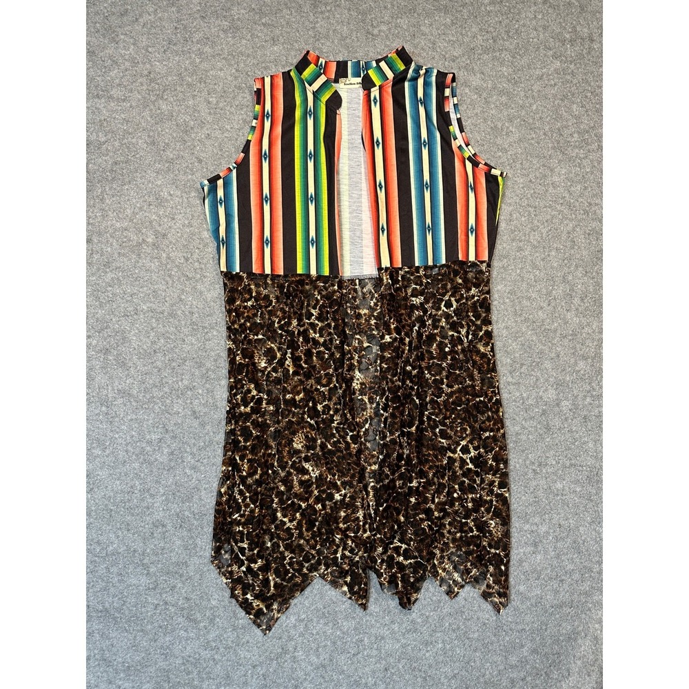 Southern Stitch Serape Leopard Lace Open Front Duster Vest Womens SM Multicolor
